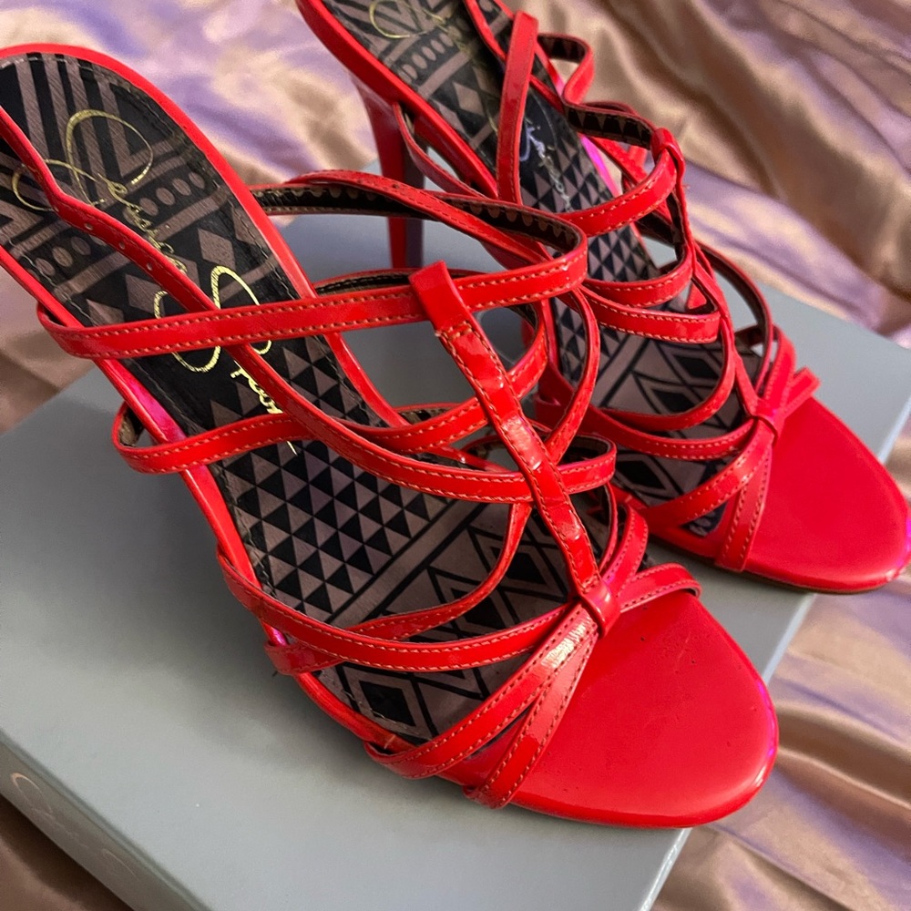 Jessica Simpson Strappy Heeled Patent Leather Sandal. Color: Papaya, Size 9M